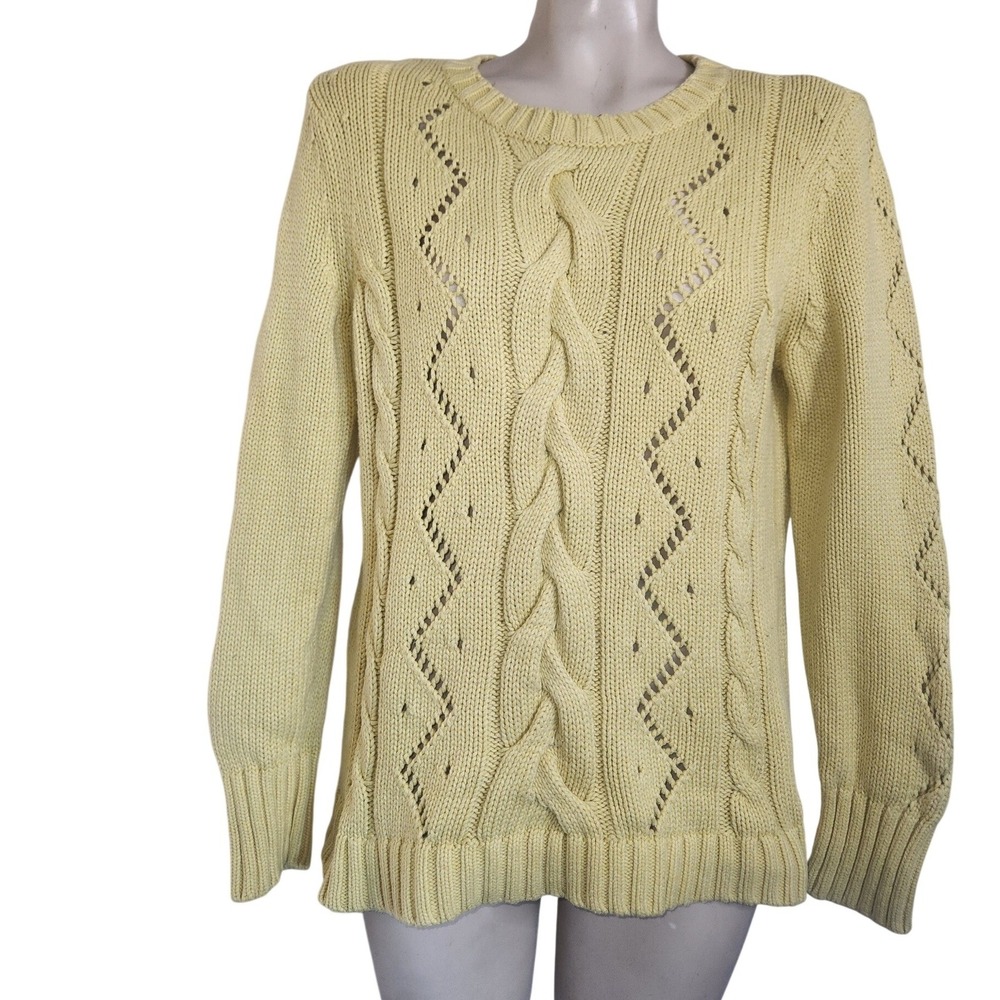Talbots Yellow Cable Knit Pointelle Sweater Womens Medium Cotton Blend Pullover